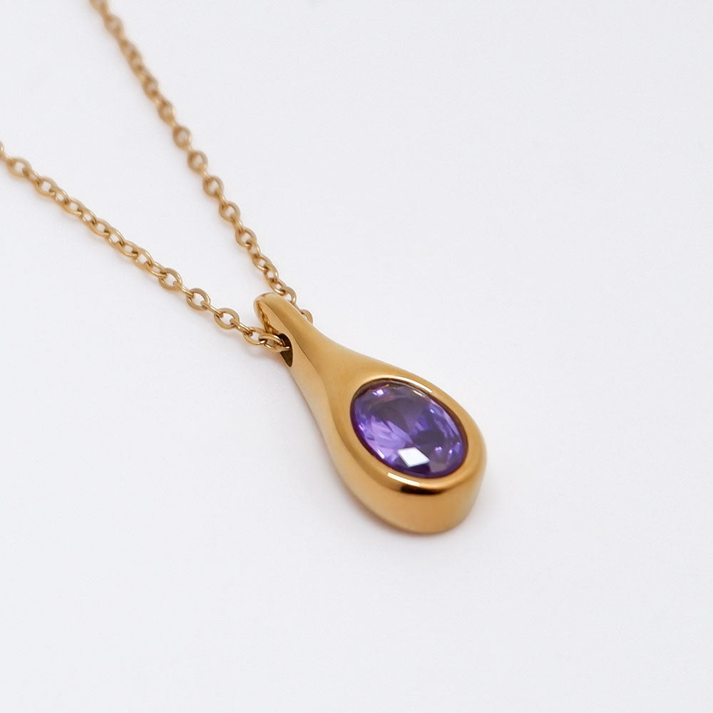 Tropfen Anhänger Halskette Gold mit Lila Zirkonia, Tropfen Halskette Gold mit lila Zirkonia – elegant und zeitlos, SHELAGO SCHMUCK
