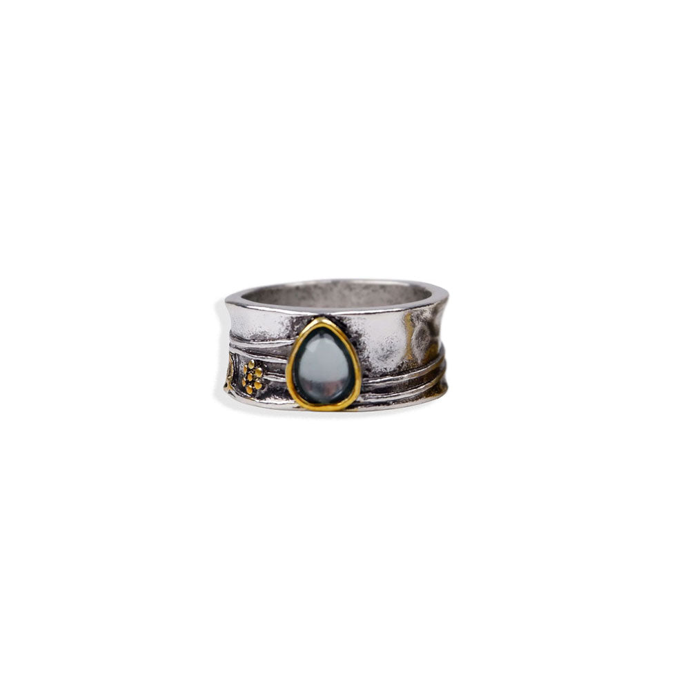 Vintage Boho Statement Ring mit Tropfenstein, silberfarben, US 6–10-SHELAGO SCHMUCK