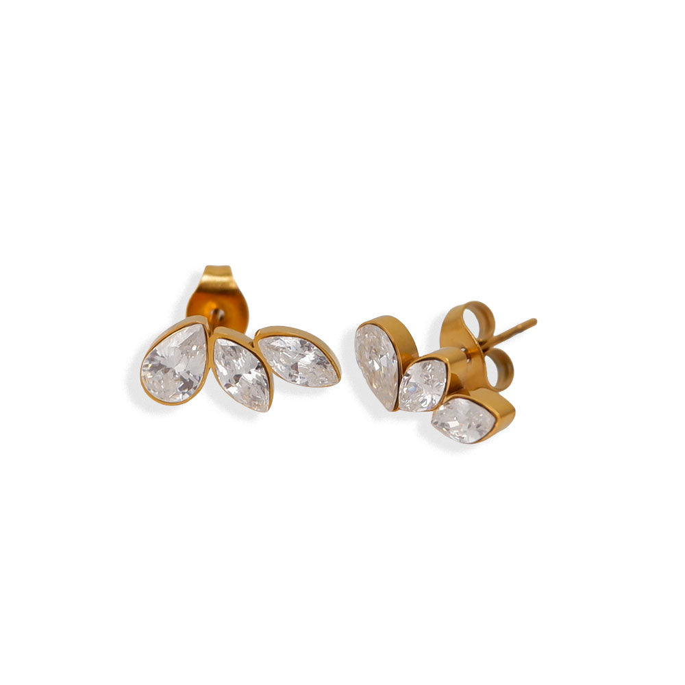 Zirkonia Blatt Ohrstecker Damen, Edelstahl vergoldet, 3 Steine, Blatt Ohrstecker mit 3 Zirkonia Tropfen, eleganter Glanz in Gold, SHELAGO SCHMUCK- (1)
