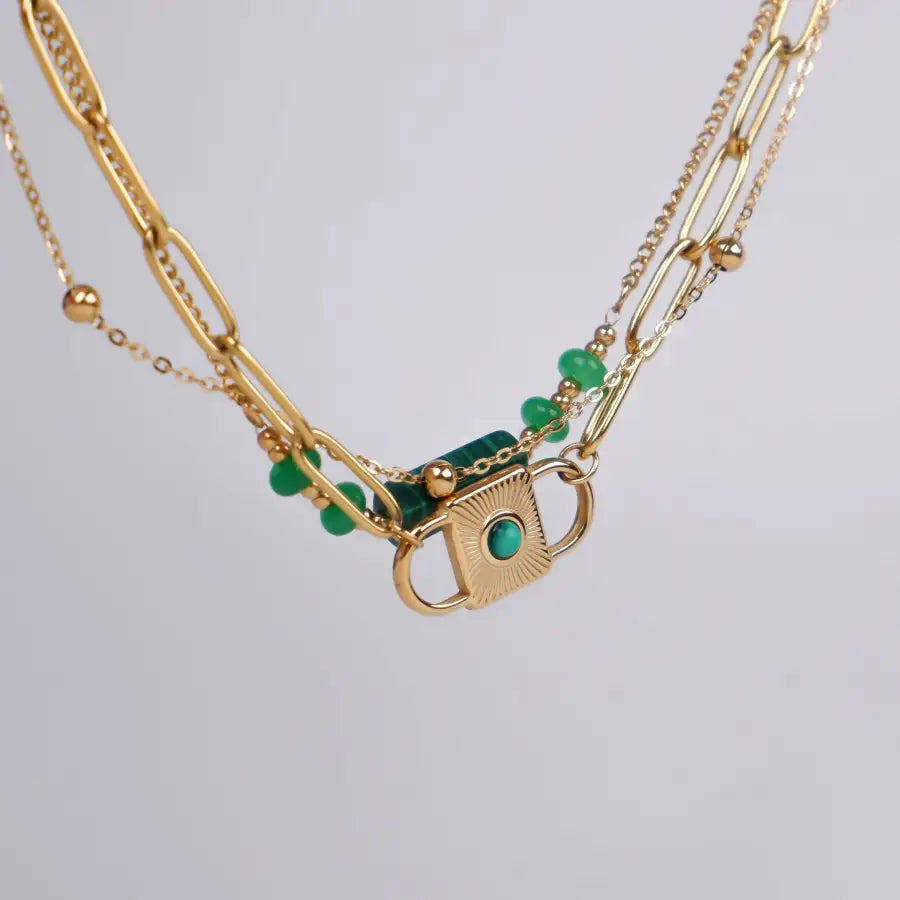 Edelstahl vergoldet-Malachit Armband-Gold Armband mit Stein-Grünes Armband Damen-Armketten für Frauen modern-Armkette mit Steinen-SHELAGO SCHMUCK