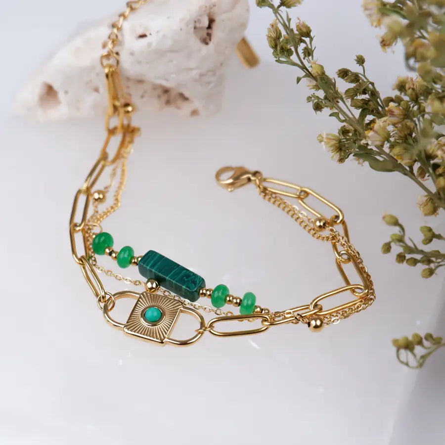 Edelstahl vergoldet-Malachit Armband-Gold Armband mit Stein-Grünes Armband Damen-Armketten für Frauen modern-Armkette mit Steinen-SHELAGO SCHMUCK