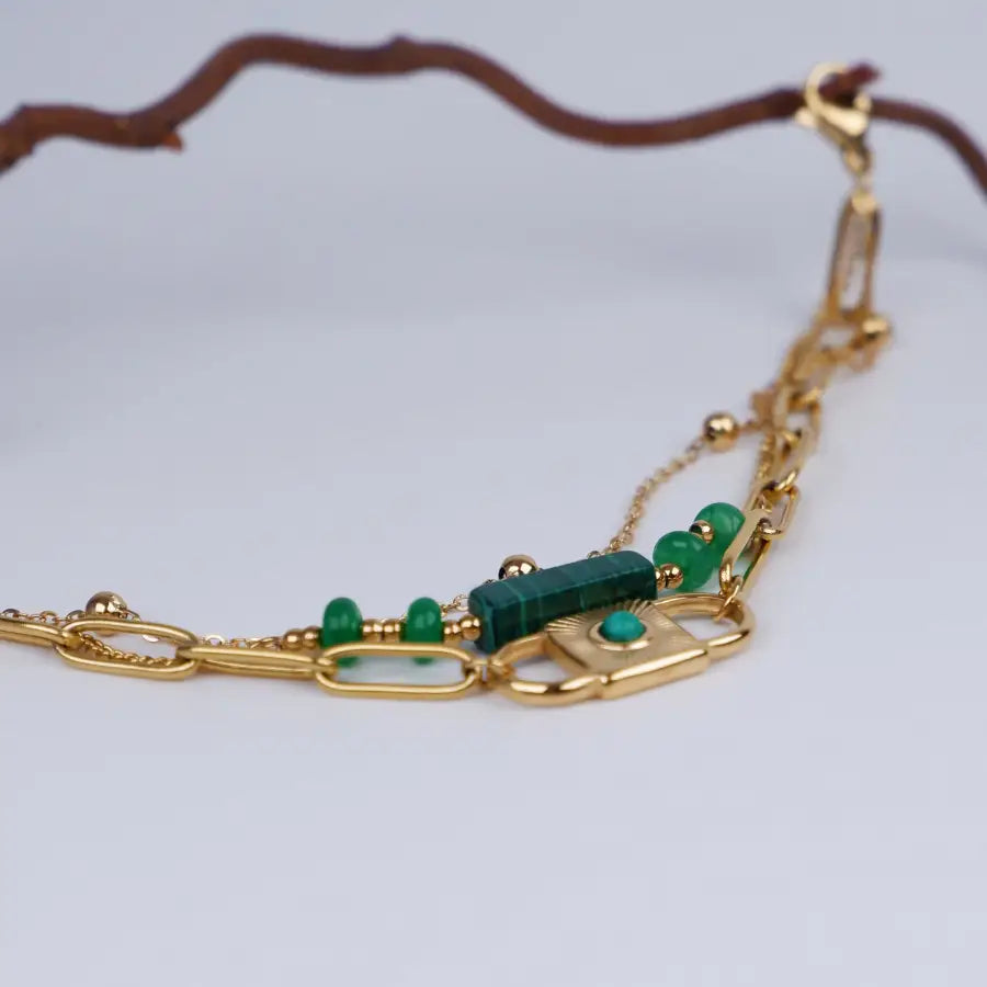 Edelstahl vergoldet-Malachit Armband-Gold Armband mit Stein-Grünes Armband Damen-Armketten für Frauen modern-Armkette mit Steinen-SHELAGO SCHMUCK