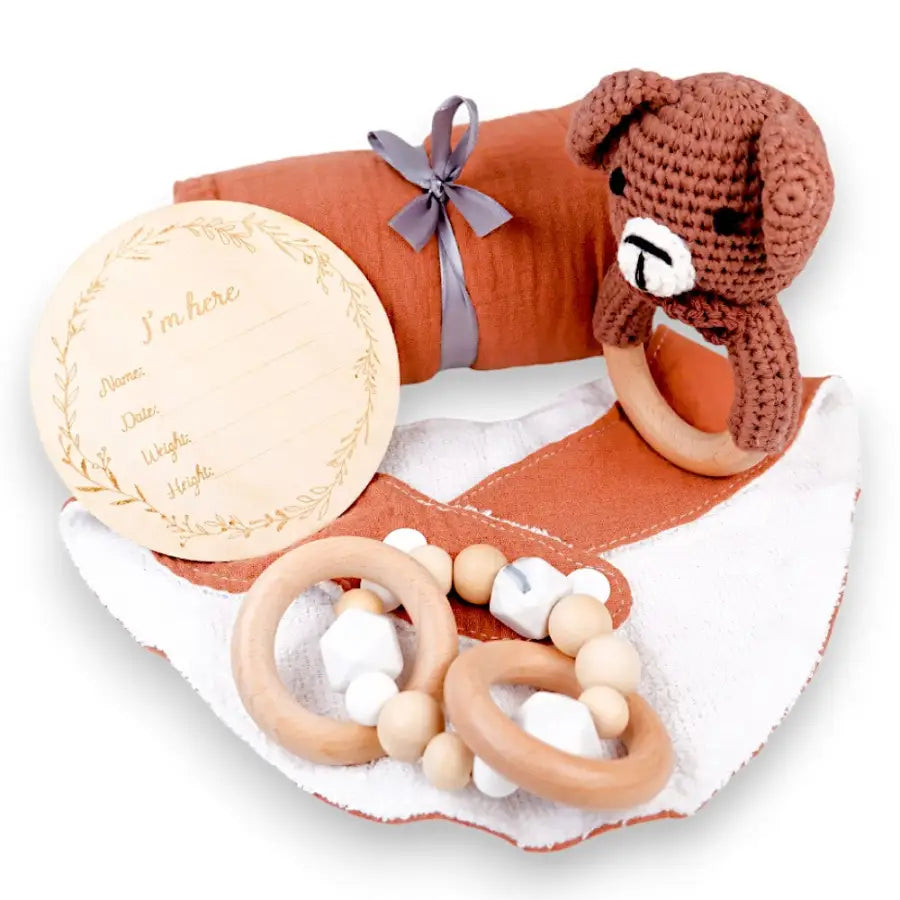 Baby Geschenkbox Bär-Geschenke zur Geburt-Rassel für Babys-BEIßRING SPIELZEUG-Baby Geschenkbox Mädchen-Baby Geschenkset Junge-SHELAGO EU