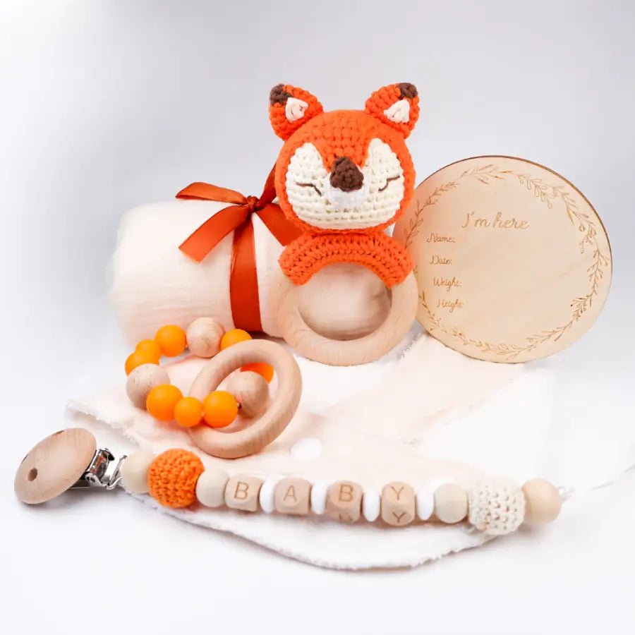 Baby Shower Party-Dreieckstücher für Babys-kleine Schmusedecke Baby-Schnuller Kette Holz-Geschenk Set zur Geburt-Baby Geschenk Set-SHELAGO EU