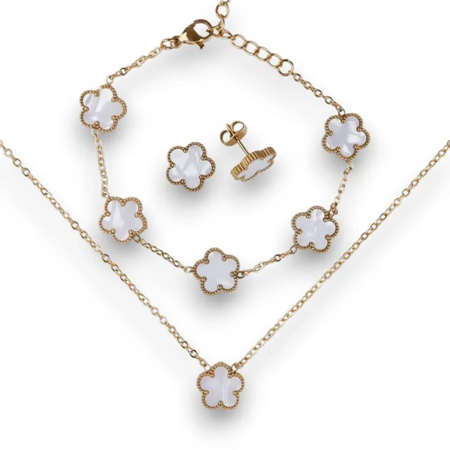 Kleeblatt Kette Edelstahl-Kleeblatt Armband weiß-Klee Ohrringe Gold-elegantes Damen Schmuck Set-eleganter Damenschmuck-Shelago Schmuck