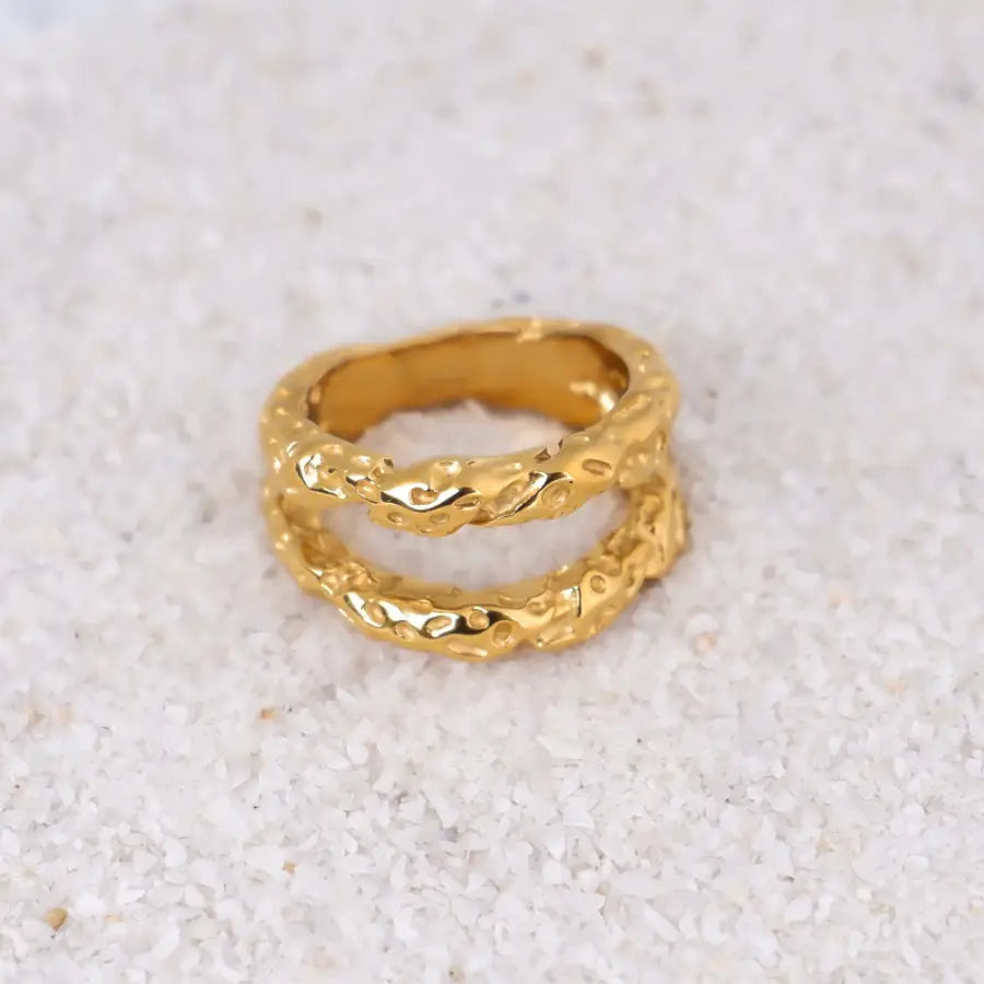 Doppelband Ring-auffälliger Goldring Edelstahl-Zweireihige Ringe-Chunky Ringe vergoldet-Duo Ring Gold-Ring aus Edelstahl-SHELAGO SCHMUCK-