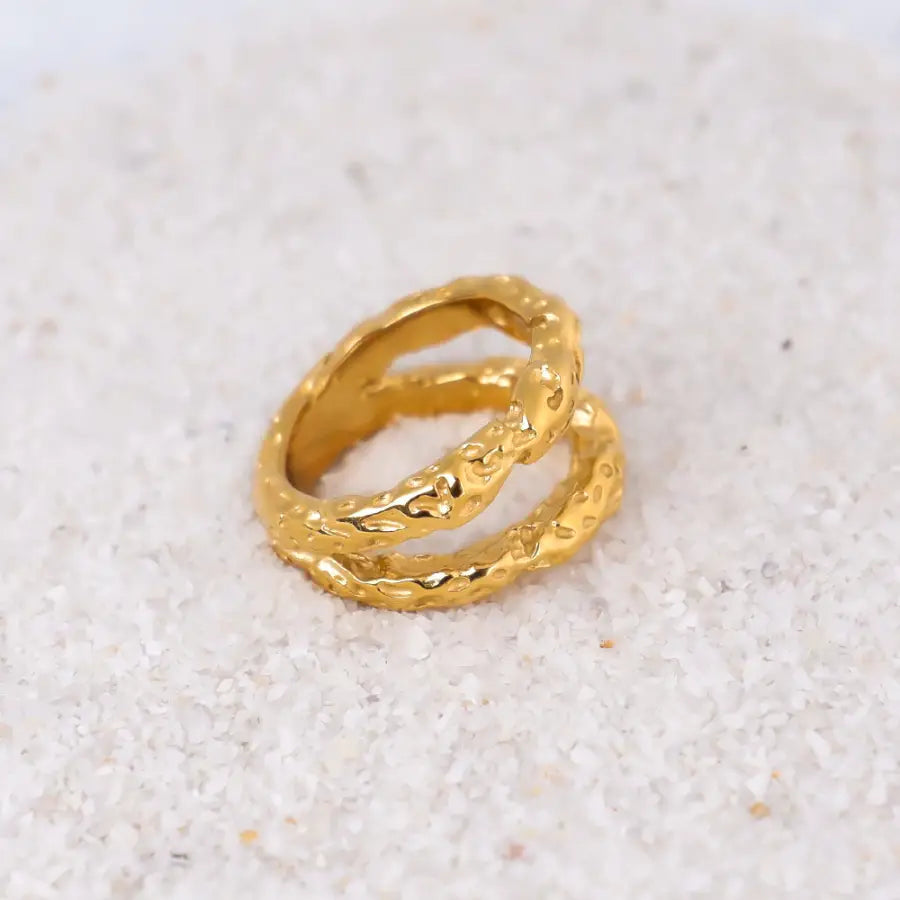 Doppelband Ring-auffälliger Goldring Edelstahl-Zweireihige Ringe-Chunky Ringe vergoldet-Duo Ring Gold-Ring aus Edelstahl-SHELAGO SCHMUCK-