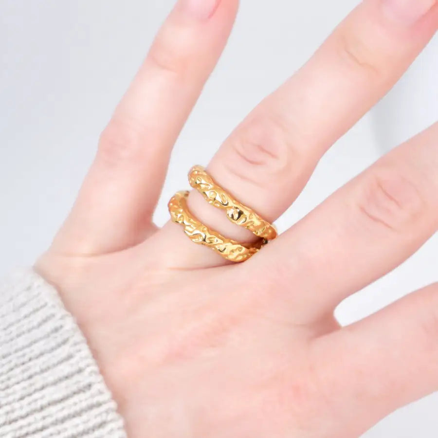 Doppelband Ring-auffälliger Goldring Edelstahl-Zweireihige Ringe-Chunky Ringe vergoldet-Duo Ring Gold-Ring aus Edelstahl-SHELAGO SCHMUCK-