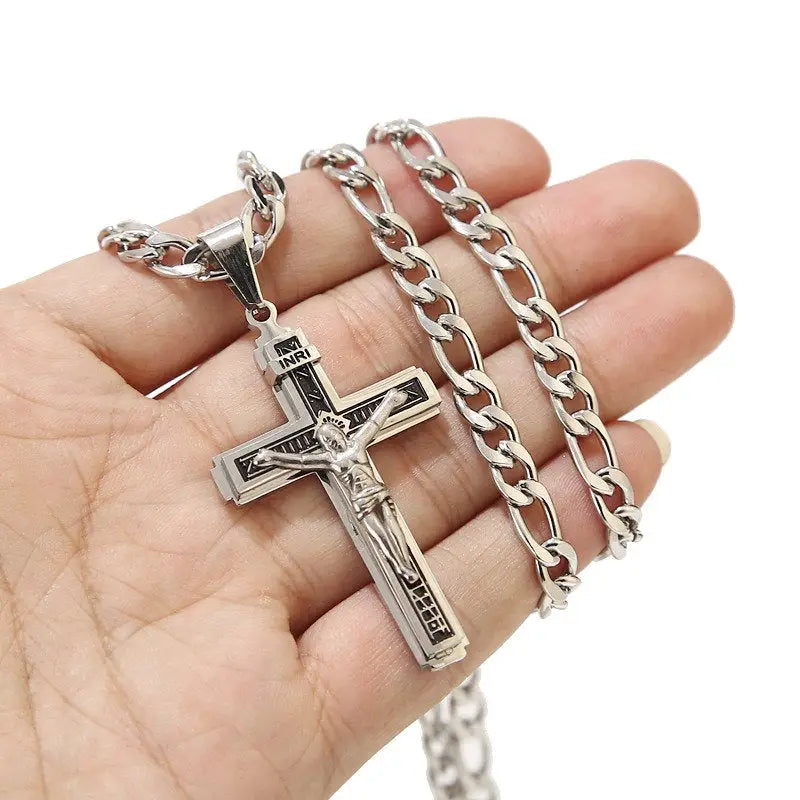 Halskette mit Kreuzanhänger-Lange Gliederkette-Kreuzkette