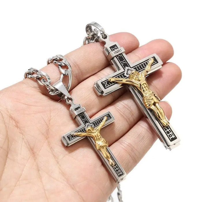 Halskette mit Kreuzanhänger-Lange Gliederkette-Kreuzkette