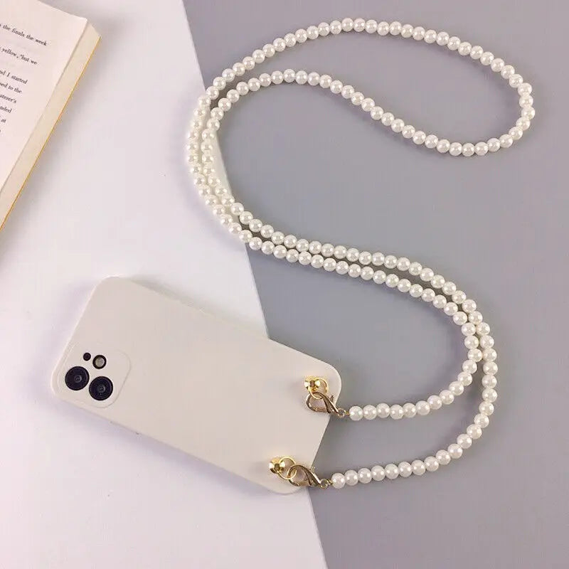 Handyhülle Cross Body-I Phone 12 13 mini Pro Max-Handy Kette-Perlen  Weiß-Silikon