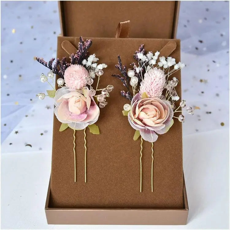 Hochzeit Haarschmuck-Braut Schmuck-Hochzeit Haarspange-Haarnadel Perlen-Trockenblumen-Damen Schmuck-Brauthaarschmuck-Rosa Gold-Rosen weiß - Shelago