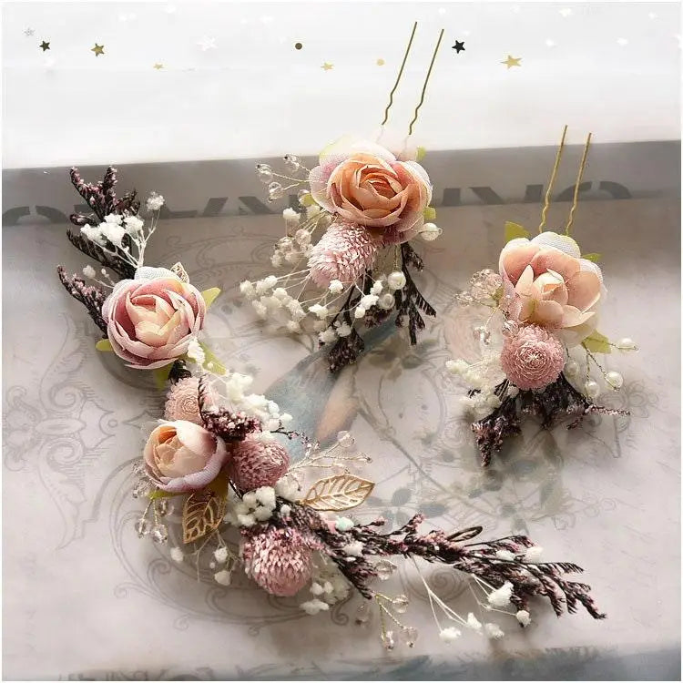 Hochzeit Haarschmuck-Braut Schmuck-Hochzeit Haarspange-Haarnadel Perlen-Trockenblumen-Damen Schmuck-Brauthaarschmuck-Rosa Gold-Rosen weiß - Shelago