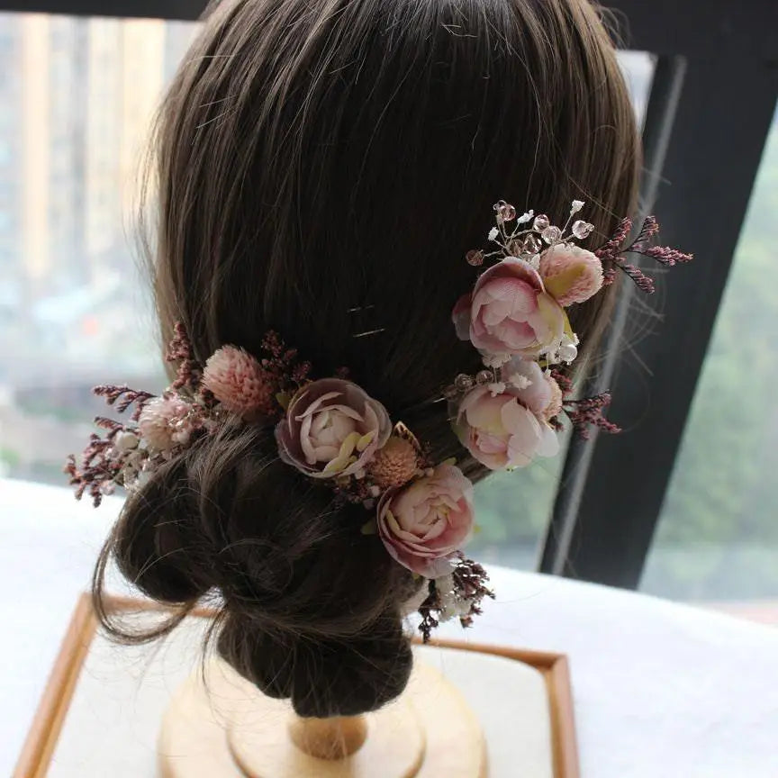 Hochzeit Haarschmuck-Braut Schmuck-Hochzeit Haarspange-Haarnadel Perlen-Trockenblumen-Damen Schmuck-Brauthaarschmuck-Rosa Gold-Rosen weiß - Shelago