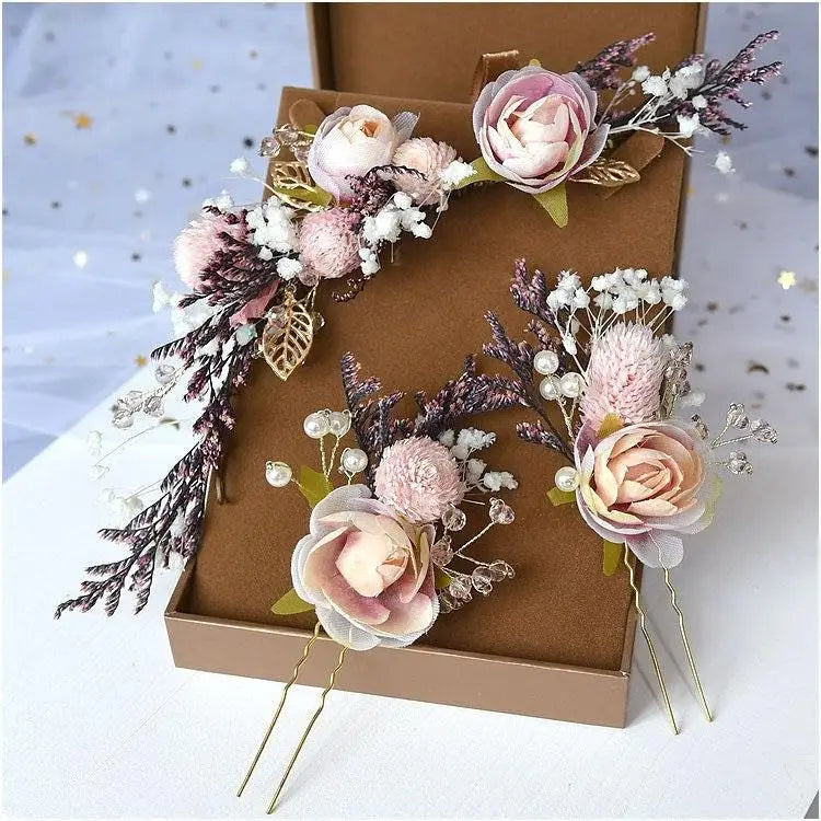 Hochzeit Haarschmuck-Braut Schmuck-Hochzeit Haarspange-Haarnadel Perlen-Trockenblumen-Damen Schmuck-Brauthaarschmuck-Rosa Gold-Rosen weiß - Shelago