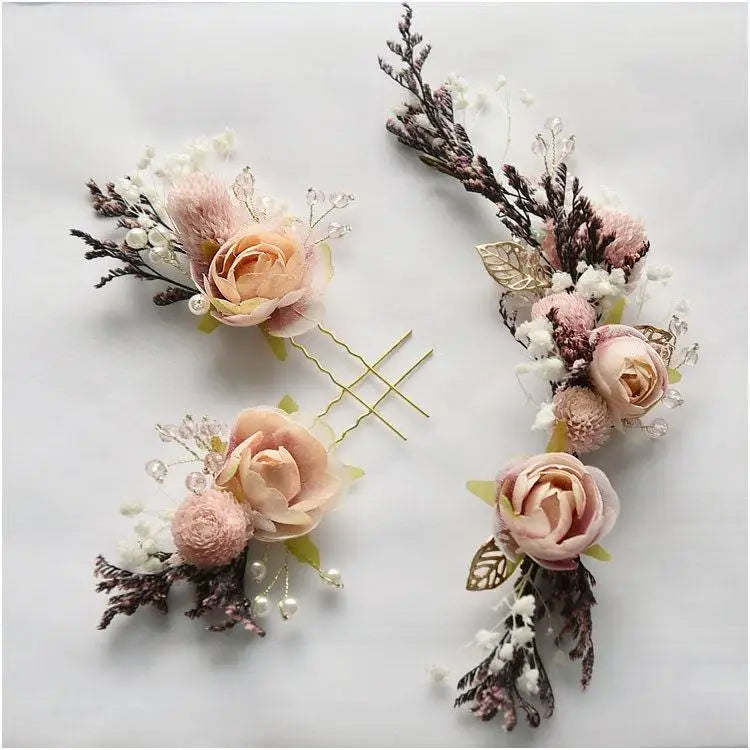 Hochzeit Haarschmuck-Braut Schmuck-Hochzeit Haarspange-Haarnadel Perlen-Trockenblumen-Damen Schmuck-Brauthaarschmuck-Rosa Gold-Rosen weiß - Shelago