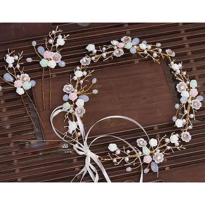 Hochzeit Haarschmuck Gold Zweige Braut Schmuck Keramik Blume Haarnadel Kopfschmuck Prinzessin Mode Kleid Zubehör Damen Handgemacht Schmuck - Shelago