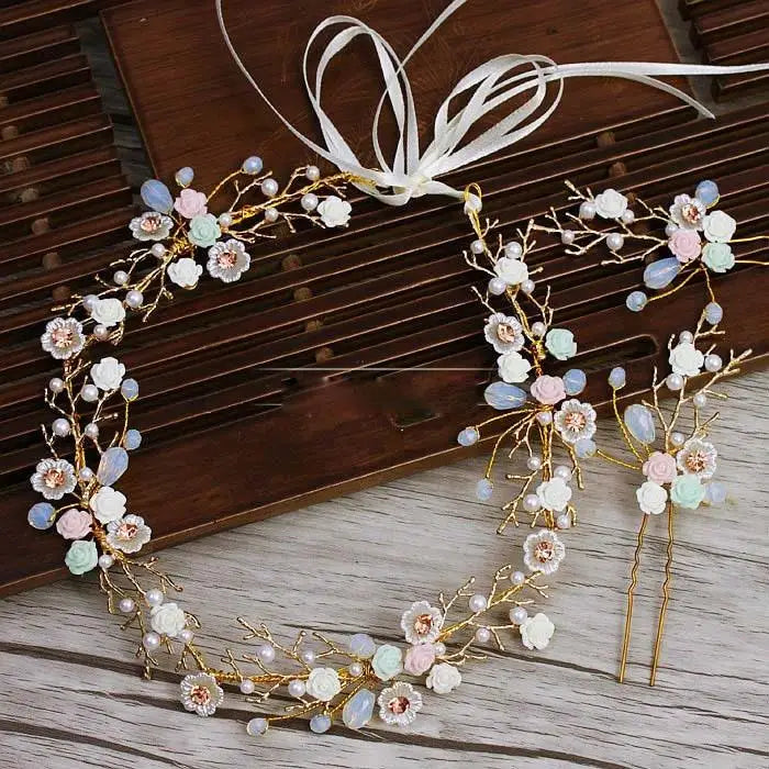 Hochzeit Haarschmuck Gold Zweige Braut Schmuck Keramik Blume Haarnadel Kopfschmuck Prinzessin Mode Kleid Zubehör Damen Handgemacht Schmuck - Shelago