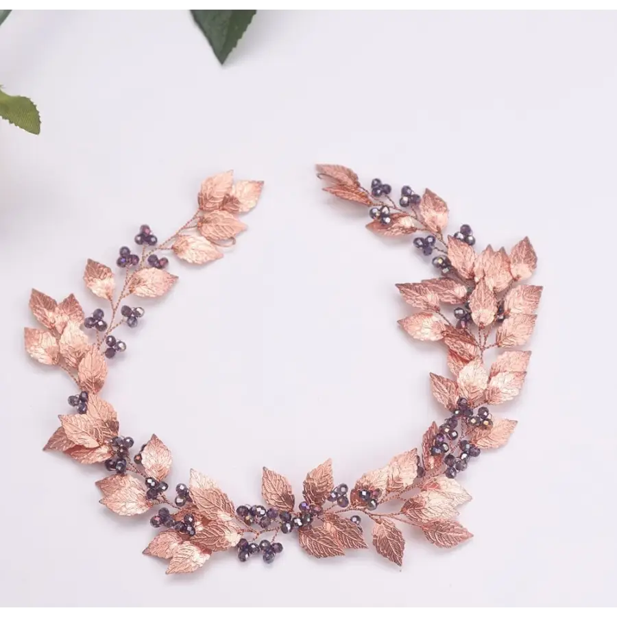 Hochzeit Haarschmuck-Rose Gold Blätter-Lila Kristall-Haar