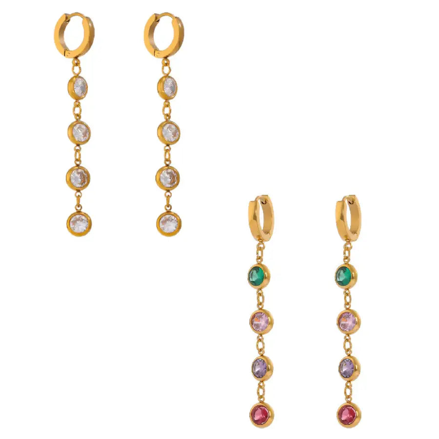 Paar Ohrhänger mit Zirkon Steinen-Creolen mit bunten Steinen-vergoldeter Edelstahl-Ohrringe Gold mit Zirkon-lange Ohrringe-runde Ohrringe-hängende Creolen-SHELAGO