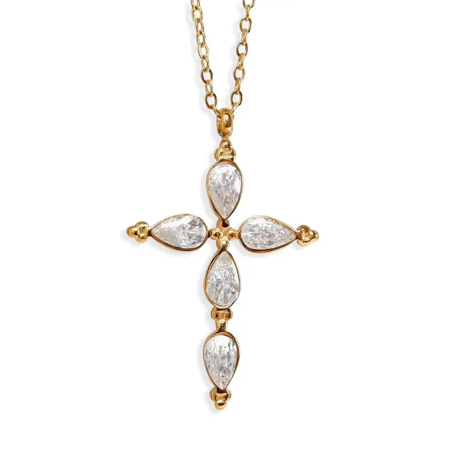 Zirkon Kreuzkette Gold-Vergoldete Edelstahl Kreuzkette-Kreuzkette Damen Gold-goldene Kreuzkette-Cross Necklace Gold-Kommunion Geschenk-Konfirmation Geschenk-Shelago Schmuck-