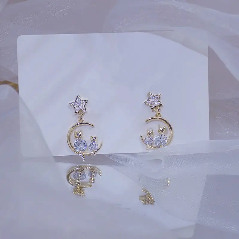 Zirkon Sternen Kätzchen Ohrringe-Ohrstecker mit Mond und