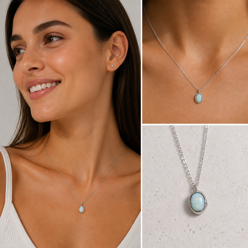 Aurora Anhänger Halskette Damen, Edelstahl Silber oder vergoldet, Aurora Anhänger Halskette mit schimmerndem Stein, SHELAGO SCHMUCK