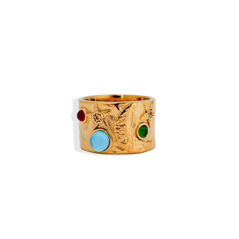 Breiter Boho Mond und Sterne Statement Ring, vergoldet - Breiter Boho Statement Ring vergoldet, Mond und Sterne Motiv - Shelago Schmuck
