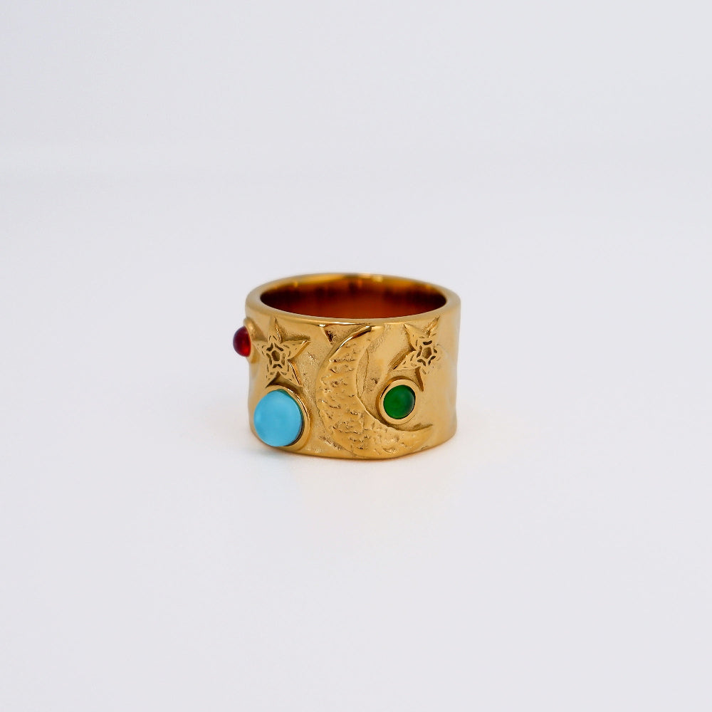 Breiter Boho Mond und Sterne Statement Ring, vergoldet - Breiter Boho Statement Ring vergoldet, Mond und Sterne Motiv - Shelago Schmuck