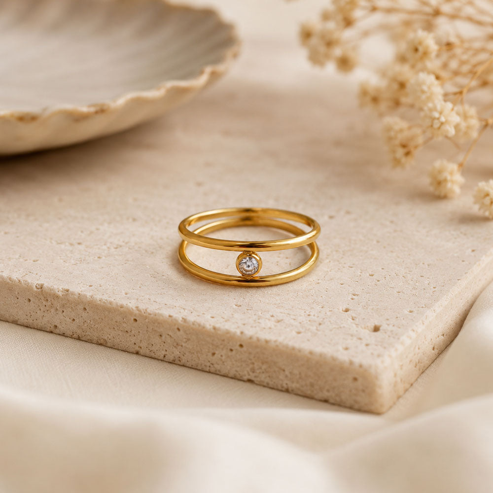 Zweireihiger Zirkonia Ring Damen, Edelstahl vergoldet - Shelago Schmuck