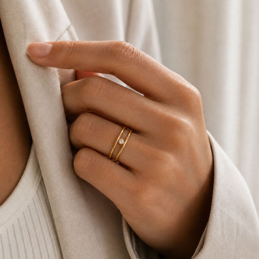 Zweireihiger Zirkonia Ring Damen, Edelstahl vergoldet - Shelago Schmuck