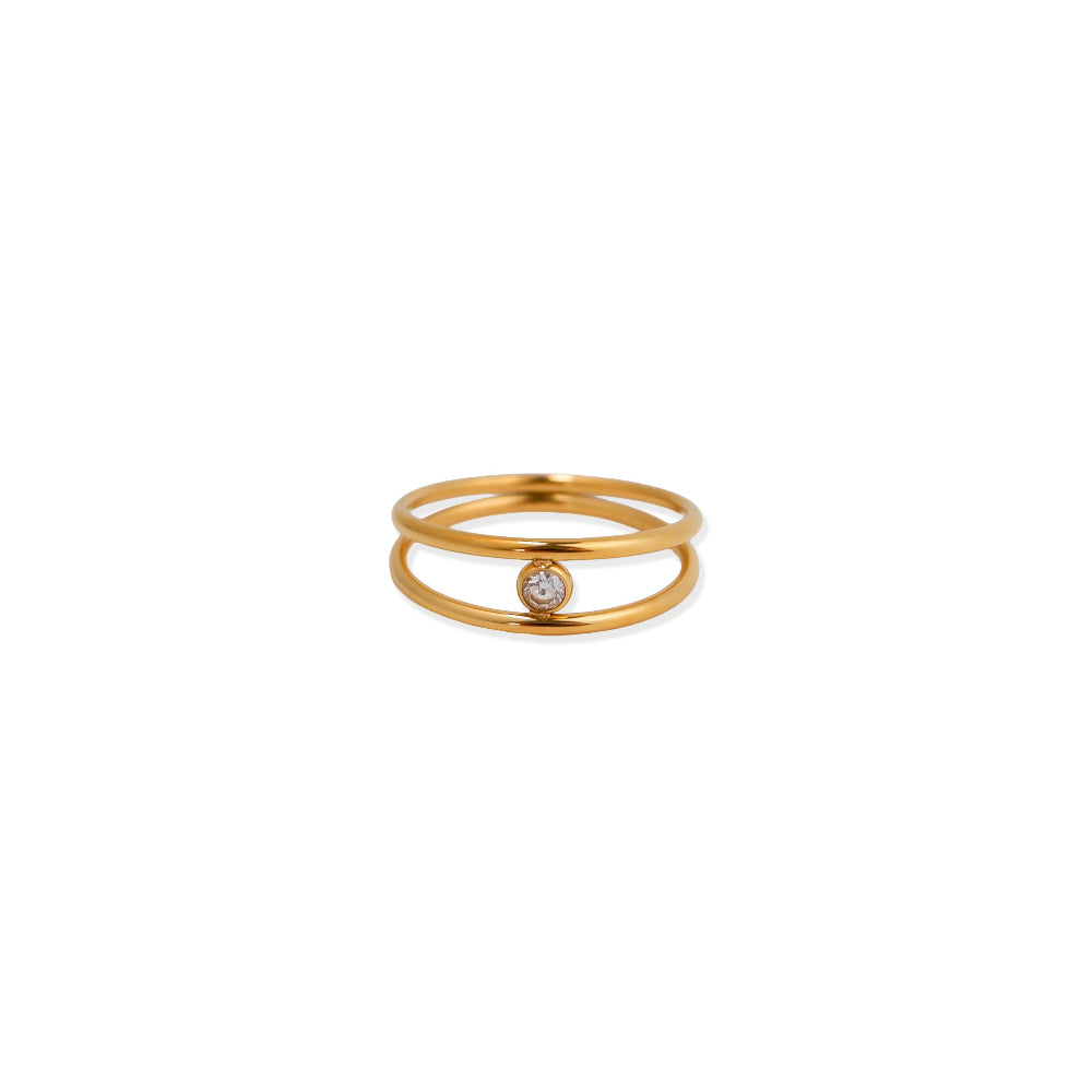 Zweireihiger Zirkonia Ring Damen, Edelstahl vergoldet - Shelago Schmuck
