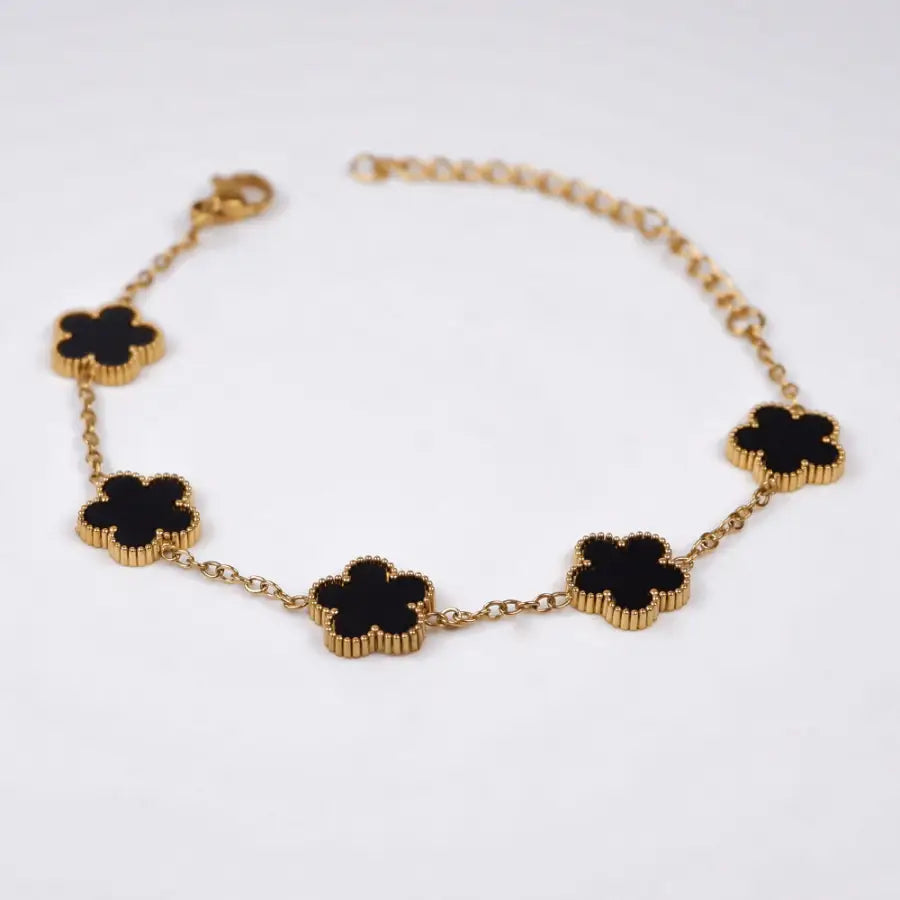 Blumen Schmuckset-Kleeblatt Kette Edelstahl-Blumen Kette Gold Schwarz-Blumen Armband Gold-Klee Ohrringe Gold-Kleeblatt Armband Schwarz-SHELAGO SCHMUCK