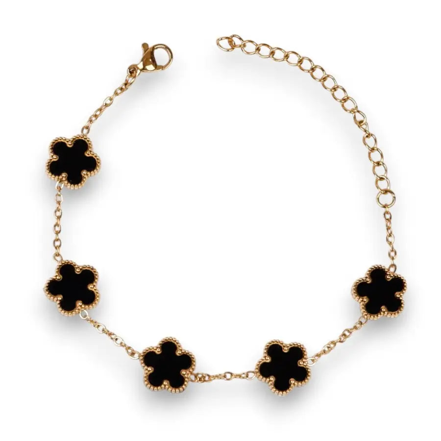 Blumen Schmuckset-Kleeblatt Kette Edelstahl-Blumen Kette Gold Schwarz-Blumen Armband Gold-Klee Ohrringe Gold-Kleeblatt Armband Schwarz-SHELAGO SCHMUCK