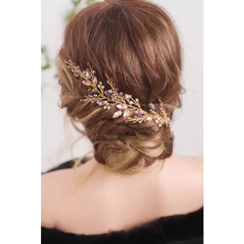 Braut Haarschmuck-Brautschmuck Gold Farben-Steine in Rosa
