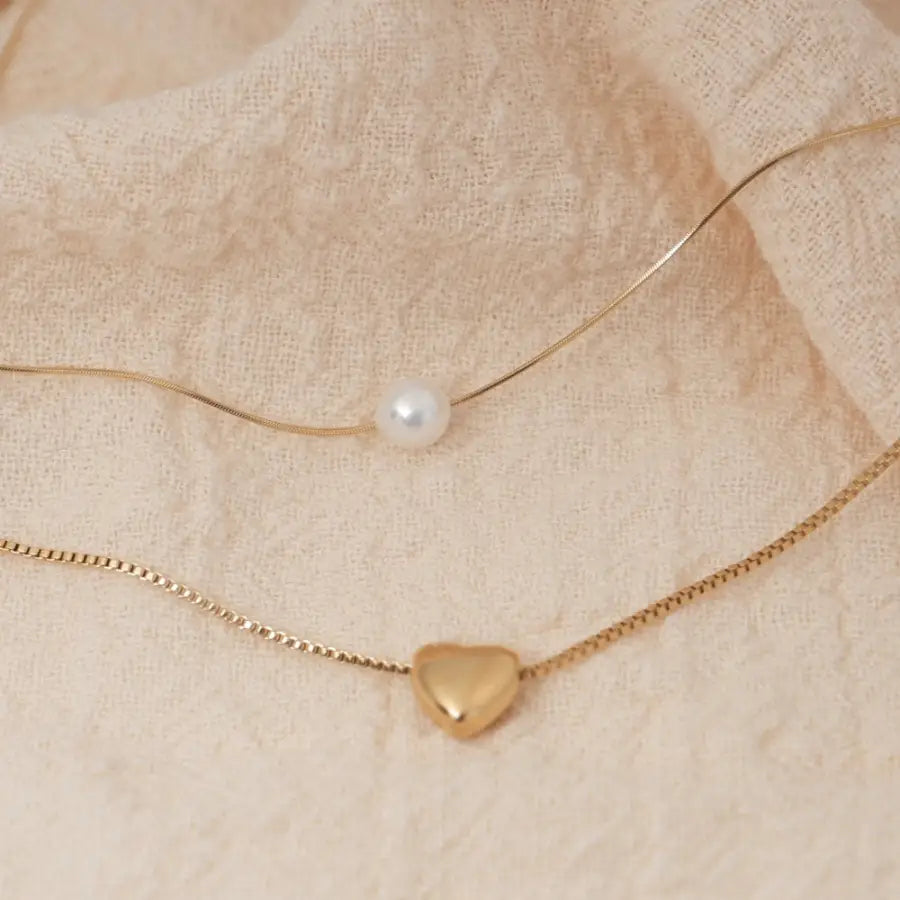 Damen Halskette mit Herz & Perle – zweireihig Edelstahl