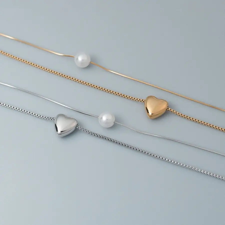 Damen Halskette mit Herz & Perle – zweireihig Edelstahl