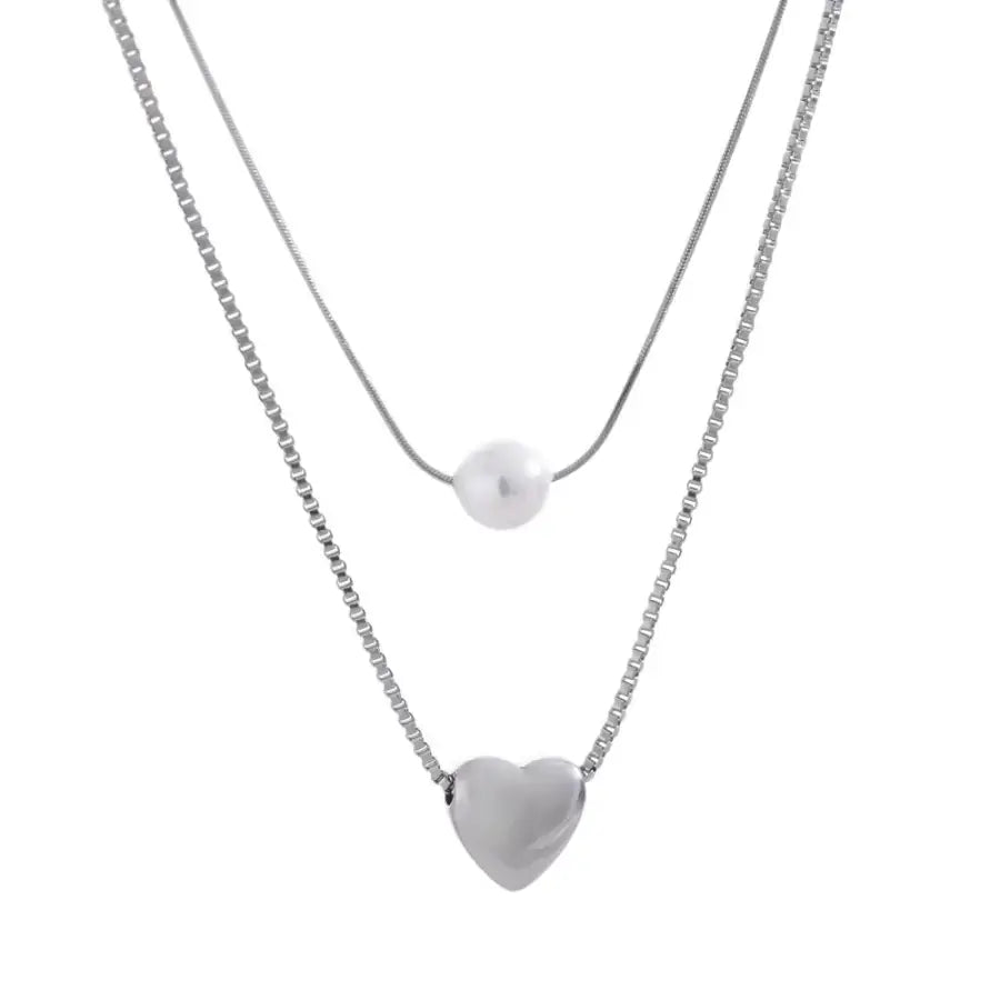 Damen Halskette mit Herz & Perle – zweireihig Edelstahl