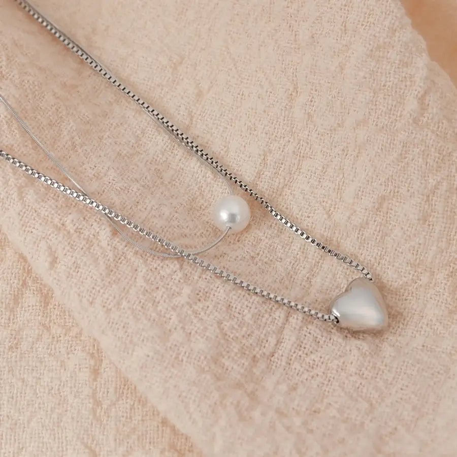 Damen Halskette mit Herz & Perle – zweireihig Edelstahl