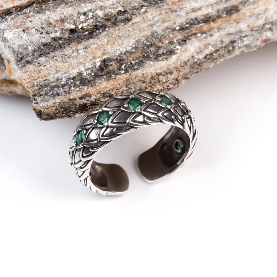 Drachen Schuppen Ring-Ring mit grünem Stein-offener Band Ring-anpassbarer Ring Damen-Ring Silber mit Stein-Drachenschuppen Ring-Drachenhaut Ring Damen-Shelago Schmuck