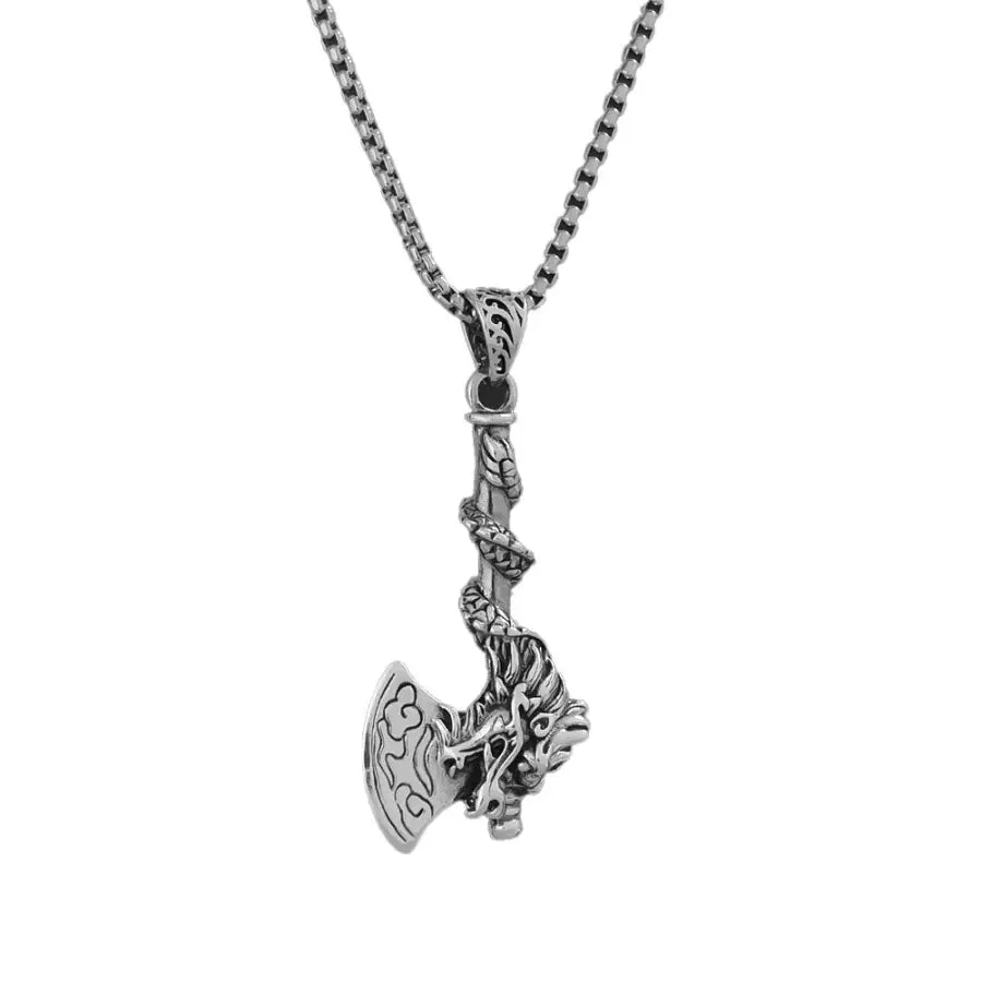Drachenaxt Halskette-Dragon Axe Necklace-Edelstahl Halskette Silber-Wikinger Schmuck Edelstahl-Statement Halskette Silber-Silberner Anhänger Drache Axt-SHELAGO SCHMUCK-