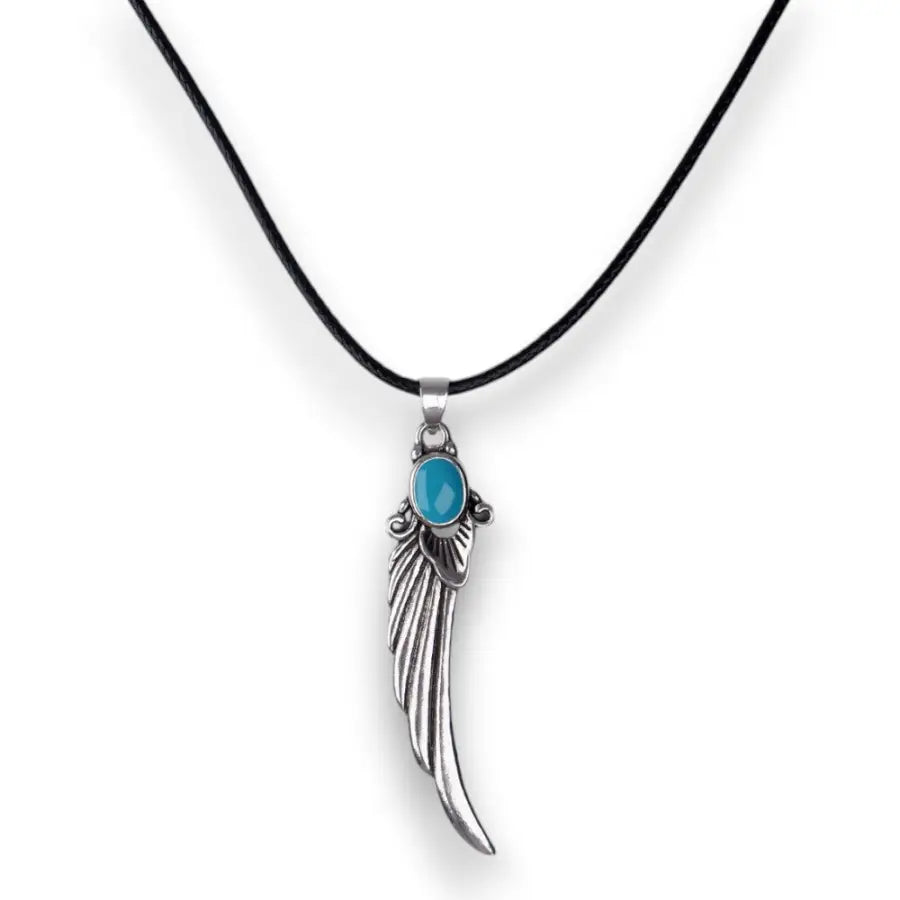 Halskette mit Flügel Anhänger-Kette mit recyceltem Silber Anhänger-Kette aus recyceltem Silber-schwarze Lederkette mit Anhänger-Flügel Anhänger mit blauem Emaille-Shelago Schmuck