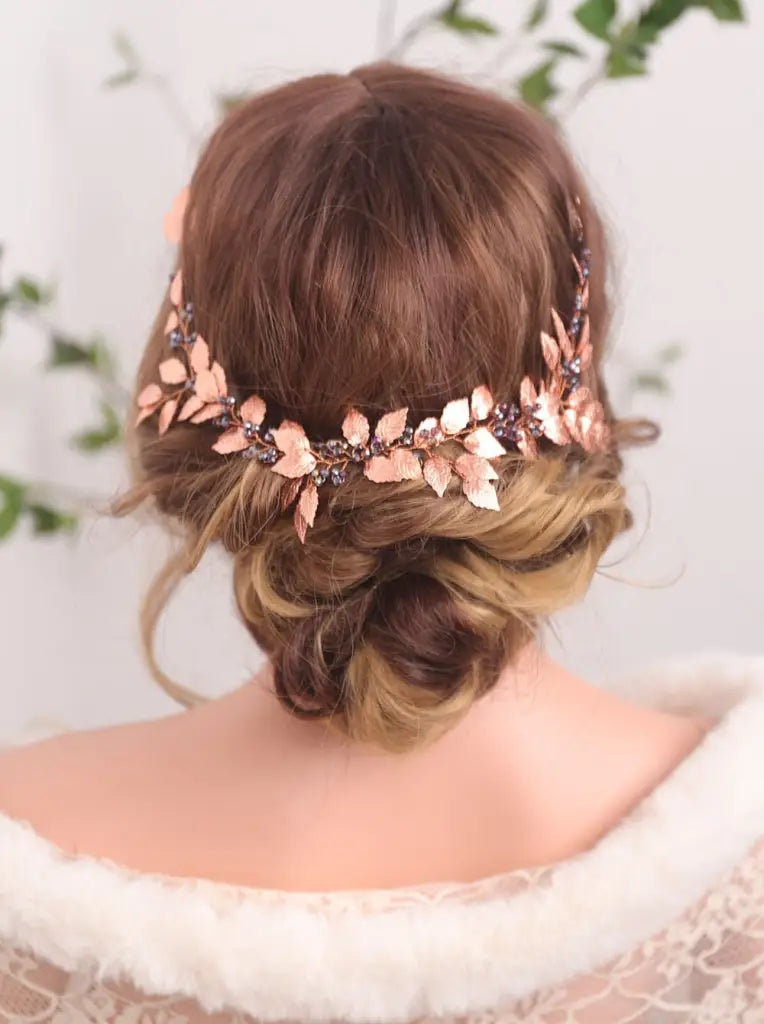 Hochzeit Haarschmuck-Rose Gold Blätter-Lila Kristall-Haar