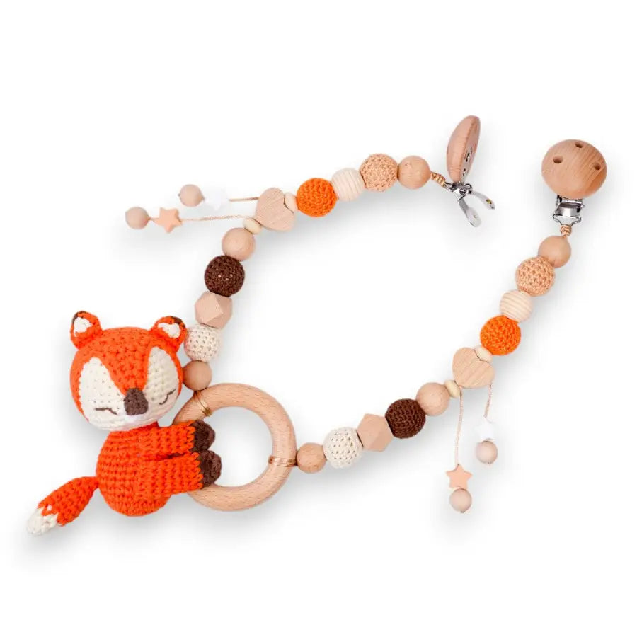 Kinderwagenkette Holz-Kinderwagen Kette-Kinderwagenkette für Mädchen-Holz Natur Baby Geschenk-Baby Wagenkette mit Fuchs Motiv-Baby Geschenke-SHELAGO EU