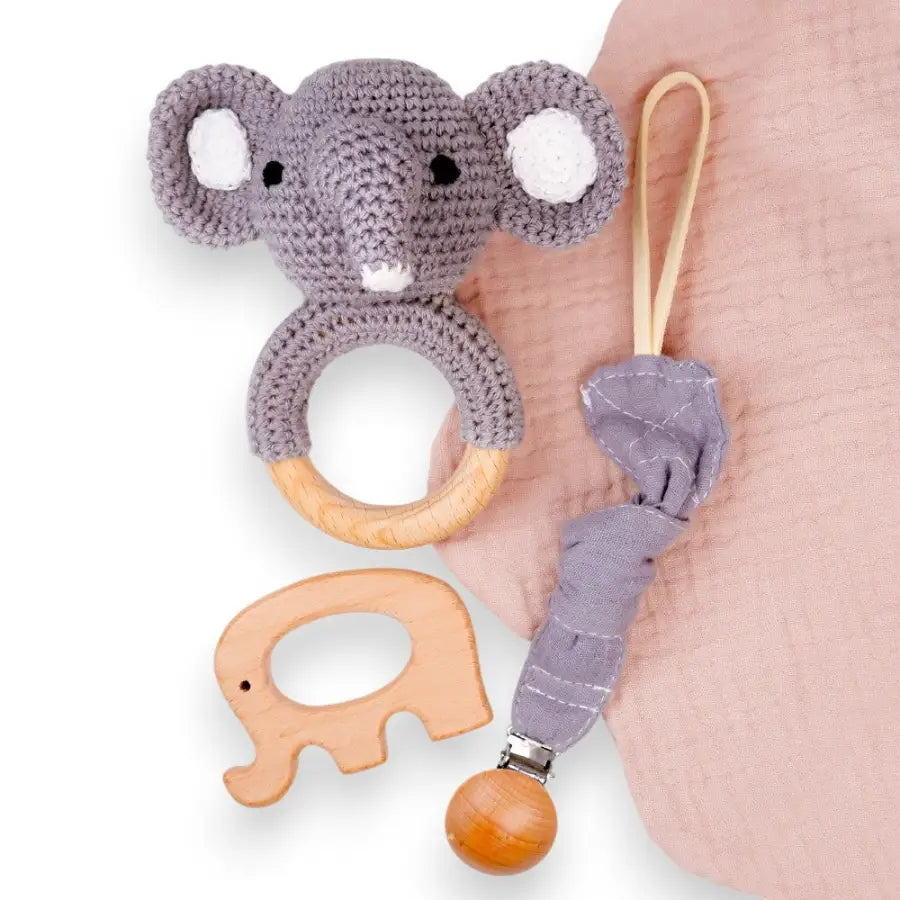 Kleines Geschenk Set Elefant-Baby Geschenke zur Geburt-3-teilige Baby Set-Baby Party Geschenk-Mitbringsel zur Geburt-Babyrassel Bär-SHELAGO