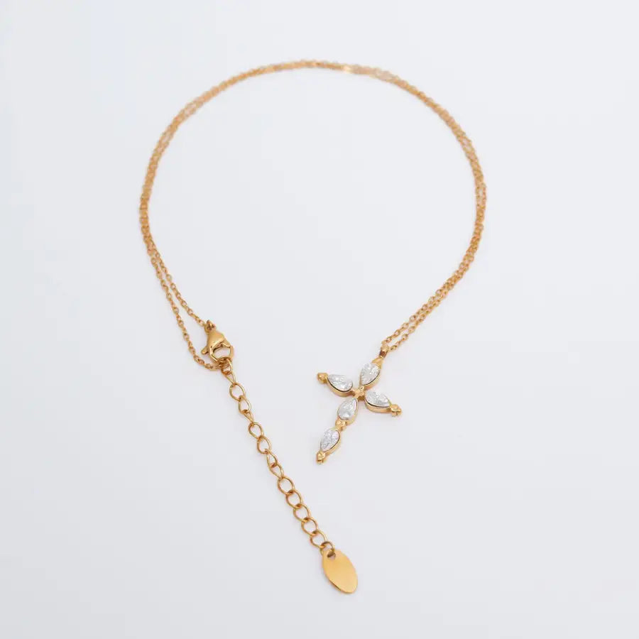 Zirkon Kreuzkette Gold-Vergoldete Edelstahl Kreuzkette-Kreuzkette Damen Gold-goldene Kreuzkette-Cross Necklace Gold-Kommunion Geschenk-Konfirmation Geschenk-Shelago Schmuck-