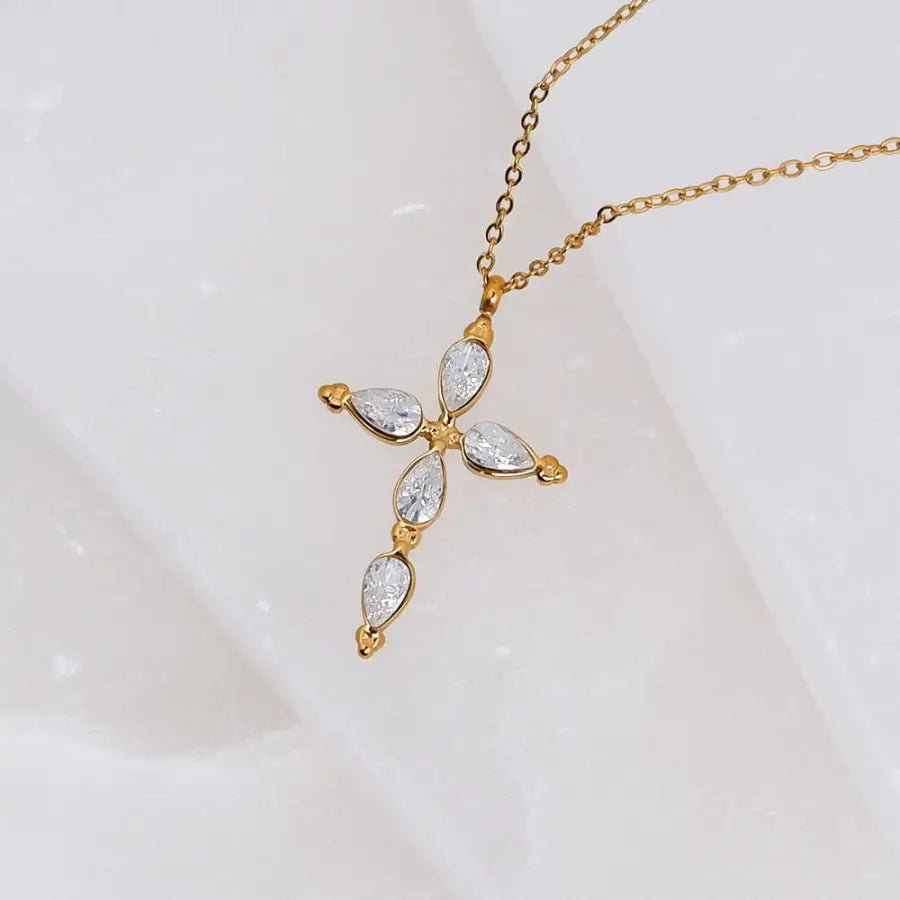 Zirkon Kreuzkette Gold-Vergoldete Edelstahl Kreuzkette-Kreuzkette Damen Gold-goldene Kreuzkette-Cross Necklace Gold-Kommunion Geschenk-Konfirmation Geschenk-Shelago Schmuck-
