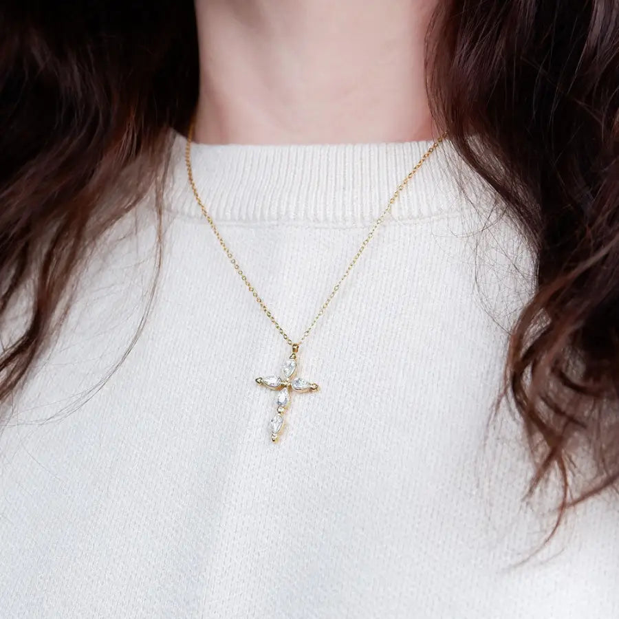 Zirkon Kreuzkette Gold-Vergoldete Edelstahl Kreuzkette-Kreuzkette Damen Gold-goldene Kreuzkette-Cross Necklace Gold-Kommunion Geschenk-Konfirmation Geschenk-Shelago Schmuck-