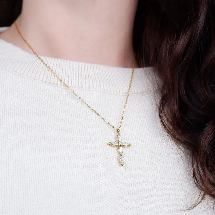 Zirkon Kreuzkette Gold-Vergoldete Edelstahl Kreuzkette-Kreuzkette Damen Gold-goldene Kreuzkette-Cross Necklace Gold-Kommunion Geschenk-Konfirmation Geschenk-Shelago Schmuck-
